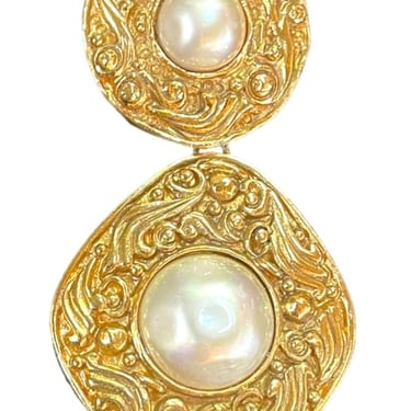Chanel 80s Gold Tone Drop Brooch with Faux Pearls