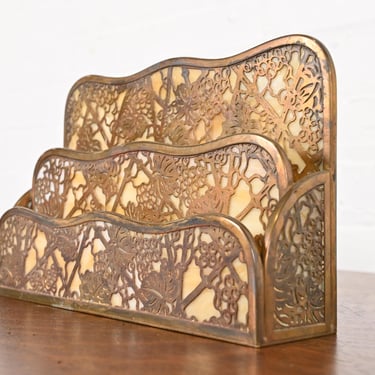 Tiffany Studios New York Grapevine Pattern Bronze Doré and Slag Glass Letter Rack