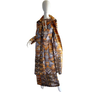 1970s Roberta Di Camerino Italy Dress Set / Psychedelic Silk Maxi Dress Coat Duster / Italian Mosaic Print Dress Large 