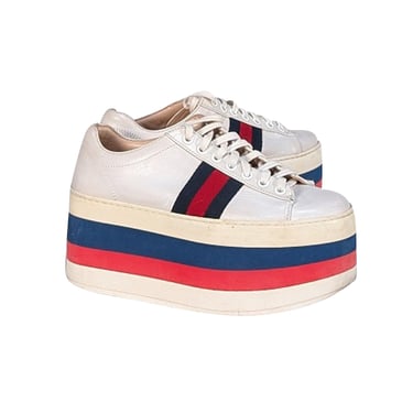 Gucci - Ivory Leather Red & Blue Stripe Detail Platform Sneakers Sz 5
