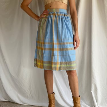 Vintage Cotton Midi Skirt / Plaid Summer Midi Skirt / Blue Orange Beige Yellow Cotton Skirt / 1970's Vintage Skirt 