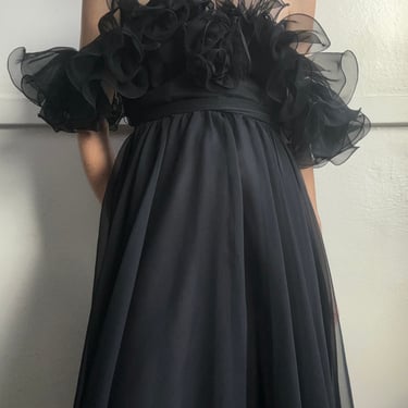 Vintage black chiffon 1960s ruffle dress 