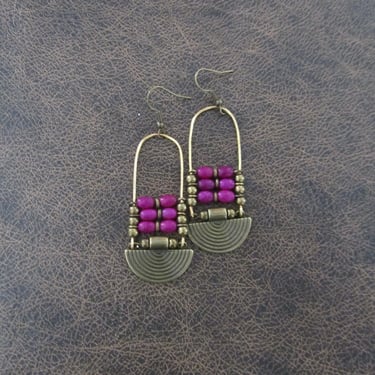 Purple magnesite stone and bronze, ethnic statement earrings, bold earrings, bohemian boho chic earrings 