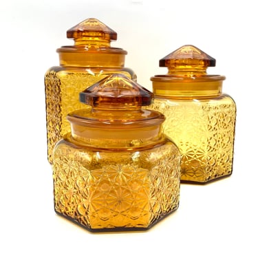 L E Smith Daisy and Button Pattern Amber Glass Canisters, Set of 3, Gold Canister, Container, Vintage Retro Glassware 