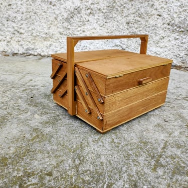 Vintage Wooden Sewing Box / Old Folded Sewing Box/ Modern Sewing Organizer/ Retro Sewing Basket / Modern Home Decor/ Vintage Sewing Gift/80s 
