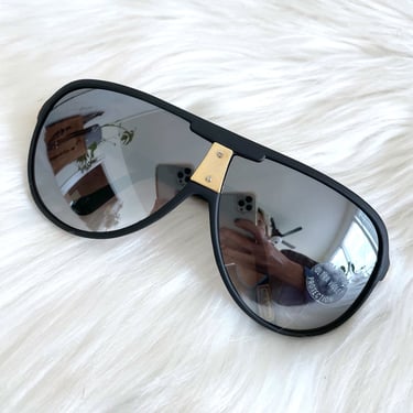Vintage 80s Matte Black and Gold Reflective Aviator Sunglasses 