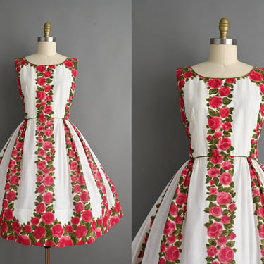 vintage 1950s Dress | Vintage Jerry Gilden Rose Print Cotton Full Skirt Dress | medium 