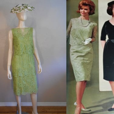 Apple Blossom Events - Vintage 1960s Crisp Apple Green Lace Tiered Sheath Dress  - 4 