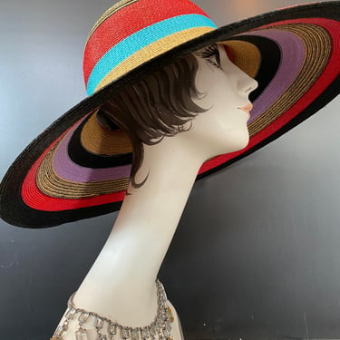 frank olive private collection, wide brim hat, 1960s sun hat, striped hat, summer hat, mod, mrs maisel style, statement hat, 60s straw hat 