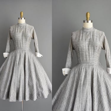 1950s vintage dress | Long Sleeve Gray & White Sweeping Full Skirt Cotton Dress | XS Small | 50s dress 