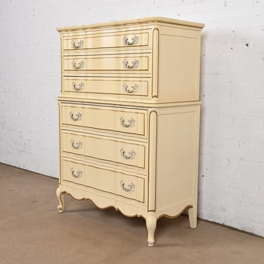 French Provincial Louis XV Cream Lacquered and Gold Gilt Highboy Dresser in the Manner of John Widdicomb, 1950s