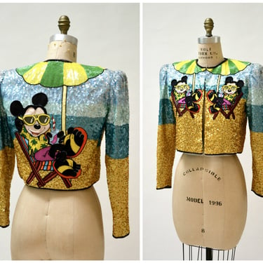 Vintage Jeanette Kastenberg Sequin Jacket with Mickey Mouse Disney Beaded Embroidered Bolero Jacket Size Small J27 