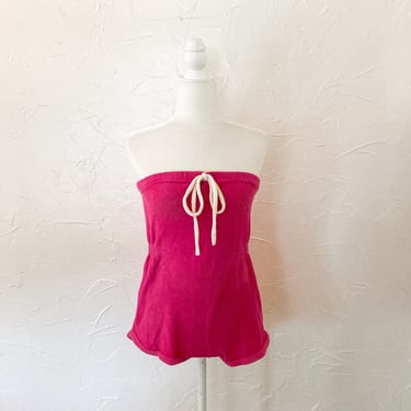80s Magenta Pink Terrycloth Strapless Tube Top Romper Beach Playsuit with White Tie | Medium/Large 