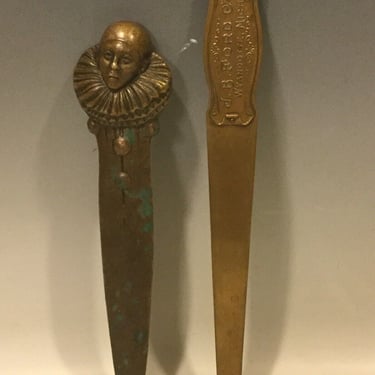 2 Bronze Letter Openers Clown Bust & J.B. Ford Co Native American Bow Arrow, vintage paper knifes, vintage desk accessories, vintage clown 