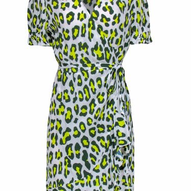 Diane von Furstenberg - White, Green &amp; Yellow Leopard Print Mini Wrap Dress Sz M