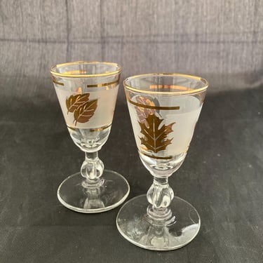 Set of 2 Gold Rim SMALL 1 OZ Cordial Glasses, Libbey Golden Foliage, Mid Century Modern, Leaves, Art Deco Stemmed Shot Glasses, Tasting 