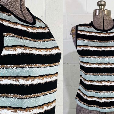 Vintage St John Tank Sleeveless Knit Shirt Blouse Shell Abstract Stripe Black Blue Brown 1990s 90s 00s 2000s Small 