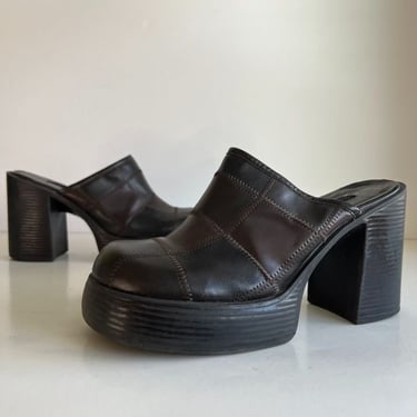 Y2K Brown Vegan Leather Patchwork Square Toe Stacked Heel Mule 8.5 