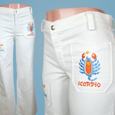 White vintage Scorpio pants jeans hiphugger bell bottoms cotton twill embroidered 1960s 70s patch pockets (modern 4 - 6) 