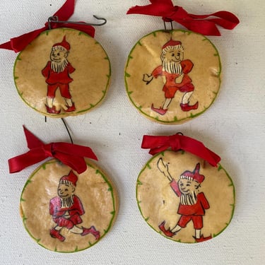 Vintage Scandinavian Elf Cookie Dough Christmas Ornaments, Set Of 4 Elves, Hand Painted, Red, Bakery Decor, Kitchen Decor 