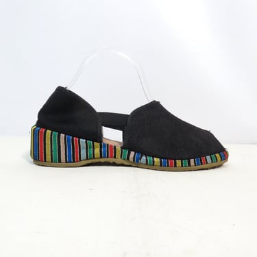 Vintage 50s Peep Toe Rainbow Stripe Platform Slip On Sandals Made In USA Size 9/10 