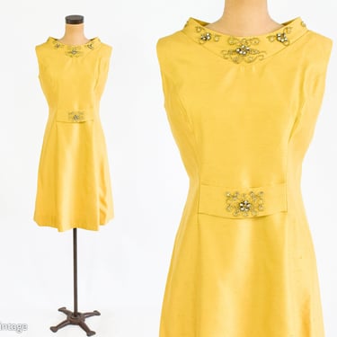 1960s Golden Yellow Silk Shantung Dress | 60s Yellow Silk Sleeveless Party Dress | Medium 