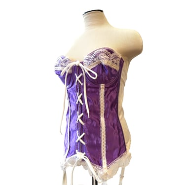Purple and White Strapless Bustier with Garters, Lace Up Front, Pin-Up Style, Vintage Lingerie, Something Old, Sexy Lingerie, Size 36C 