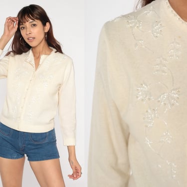 60s Cardigan Cream Cashmere Sweater Floral Beaded Pearl Button up Sweater Retro Preppy Girly Secretary Formal Vintage 1960s Small S 