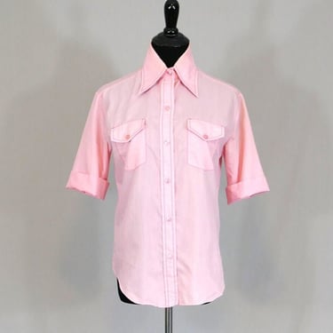 60s Pink Shirt - Cuffed Short Sleeve - Dark Pink Stitch - Talia - Vintage 1960s - S 