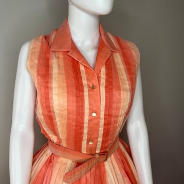 Airy Summer Days - Vintage 1950s Shades of Coral Orange Pin Tuck Pleated Day Dress 