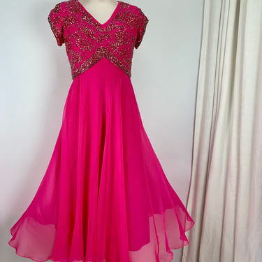1960'S Goddess Dress - Hot Pink Silk Chiffon -Iridescent Seqiuns & Beadwork - Helen Bass for HAROLD - Medium 