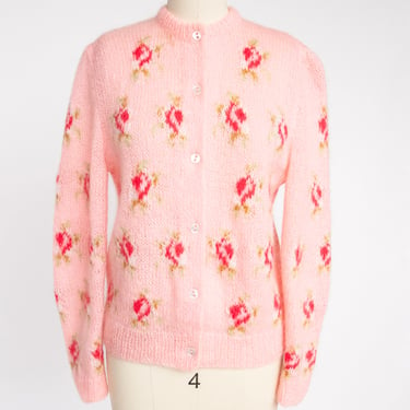 1960s Sweater Pink Wool Mohair Rose Cardigan S 