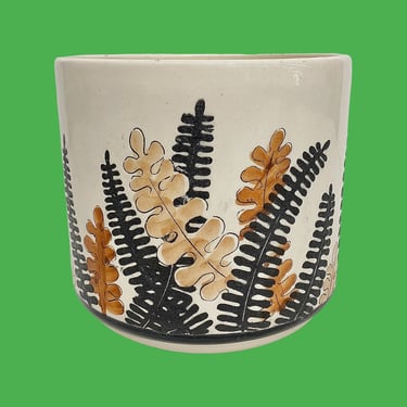 Vintage Ceramic Planter Retro 1970s Bohemian + Hand Painted + White + Black and Brown Leaves + Indoor + MCM Plant Display + Made in Brazil 