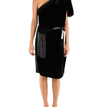 2000S Lanvin Black Rayon Velvet One Shoulder With Bow Dress Crystal Ribbon Belt 