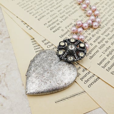 Large Silver Heart Locket, Vintage Rhinestone and Pink Pearl Chain, Your Photos Included, Photo Gift for Mom 