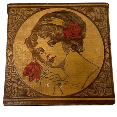 Art Deco Pyrography Carving Little Wonder Girl w/ Flower Cigar Box 