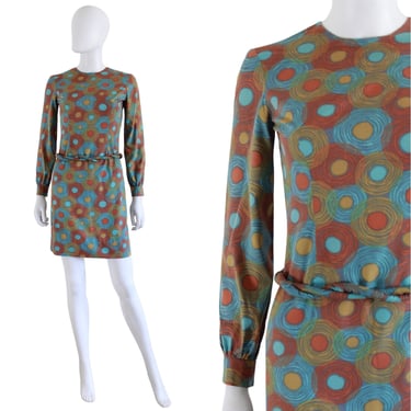 1960s Jewel Tone Abstract Print Wiggle Dress - 1960s Mod Print Dress - Vintage Fall Color Dress - Vintage Mod Dress - 60 Dress | Size Small 