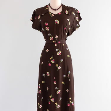 Vintage 1940's Chocolate Spring Floral Rayon Day Dress / M