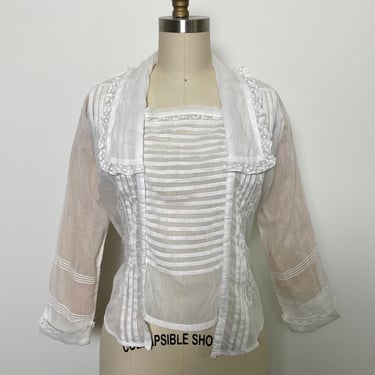 Antique 1910s Blouse Sheer White Cotton Lace Ruffles Pin Tucks 