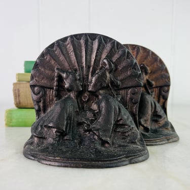 Vintage Art Deco Bookends or Door Stops Siam (Thai) couple kissing brass coloured cast iron home decor book shelf decor gift for book lover 