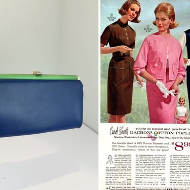 Poised Presentably - Vintage 1960s True Blue Green Faux Leather Vinyl Convertible Clutch Handbag Purse 