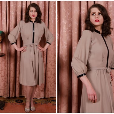 1940s Dress - Smart Vintage 40s Grey Rayon Crepe Dress with Perfect Shoulders and Black Sequin Trim 