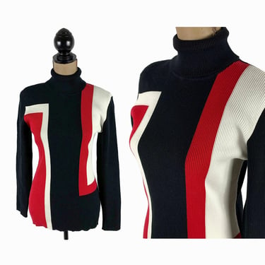 90s Color Block Turtleneck Sweater, Ribbed Cotton Knit Pullover Top, Retro 60s 70s Style Mod, Black Red & White, 1990s Clothes Women Vintage 