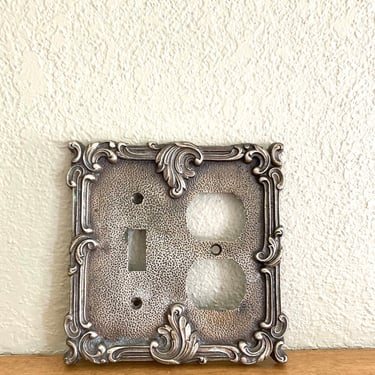 vintage light switchplate outlet cover antique pewter fancy flourish A6349 