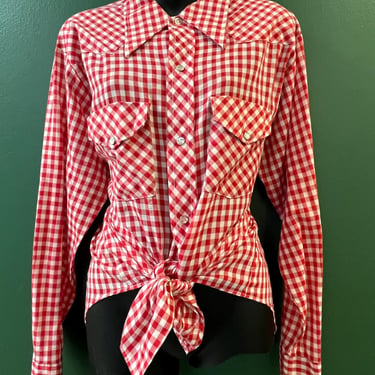 red gingham blouse 1970s pearl snap rockabilly country gal button down large 