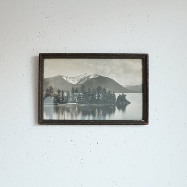 Antique Framed Mountain Print of Trees, Mountain, Lake - 1900-1920's era photographic print. 