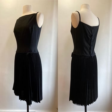 Vintage 60's COCKTAIL Dress / Little Black Dress / Drop Waist + Back Buttons + Accordion Pleat Skirt / 1961 Lanz 