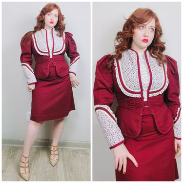 1970s Vintage Maroon Calico Quilted Skirt Set / 70s Cotton Peplum Prairie Blazer and A-Line Skirt / Size Small - Medium 