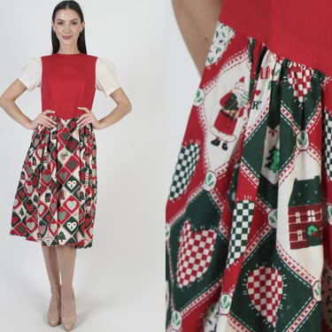 Red Cotton Santa Clause Dress, Holiday Party Christmas Outfit, Vintage Homespun Heart Print, Ugly Xmas Midi 