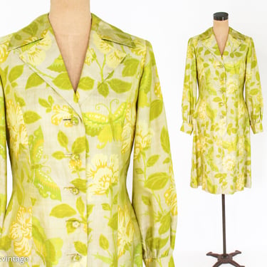 1960s Chartreuse Floral Print Silk Dress | 60s Yellow Silk Shirt Dress | Williamy | Medium 